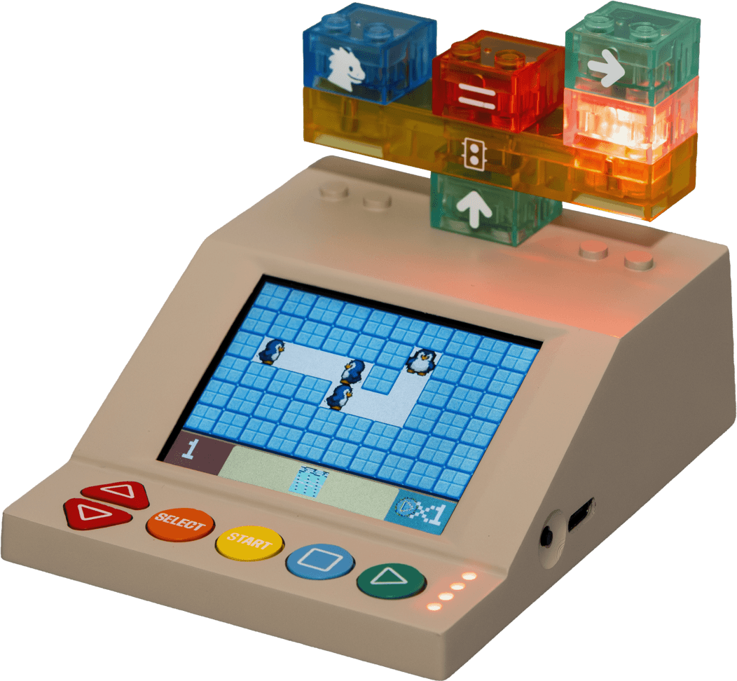 DrBartha CodePad with a tower of programming bricks
